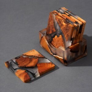Handcrafted Wood Epoxy Resin Coasters,  Full set of 6 with Holder