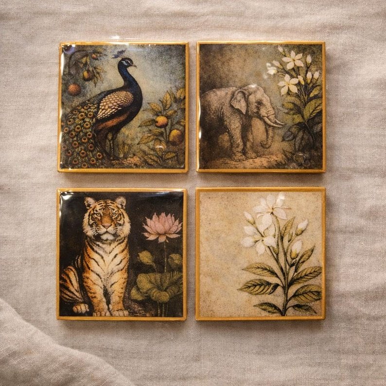 Jungle Mughal Art Gold Edge Ceramic Coaster Set - Image 2