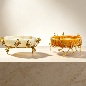 Onyx Serving Dish Collection with Gold Botanical Stand